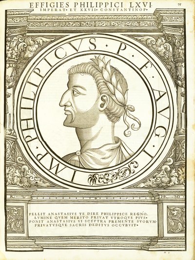 Philippicus, Illustration aus Imperatorum romanorum omnium orientalium et occidentalium verissimae imagines ex antiquis numismatis, Holzschnitt von Rudolph Wyssenbach, gedruckt von Andreas Gesner, Zürich von Hans Rudolf Manuel Deutsch